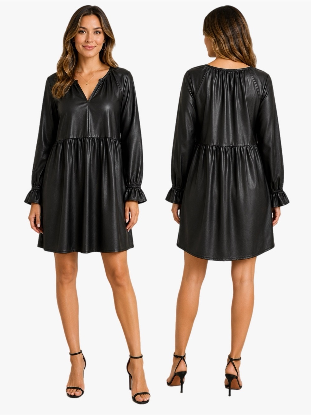First Love by Lovelyn Black Faux Leather Babydoll Dress Women’s Size Small